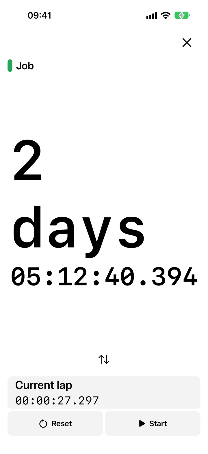 Full-screen focus mode with a large elapsed-time counter