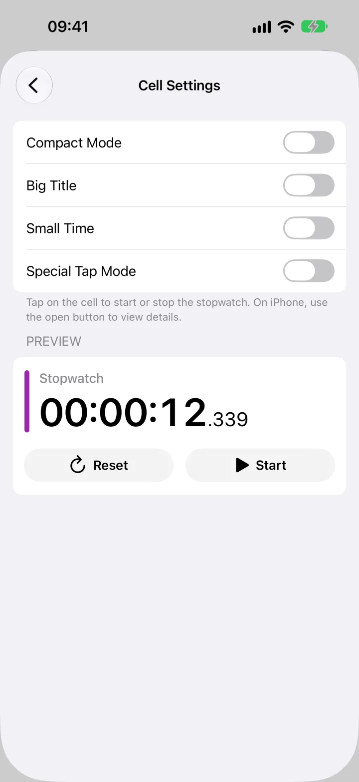 Cell settings for list density, text, and tap actions