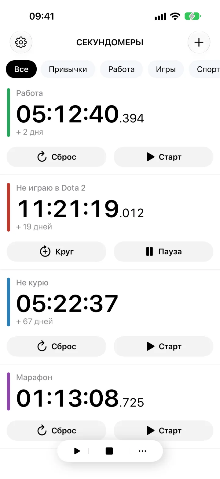 Список запущенных и остановленных секундомеров с папками